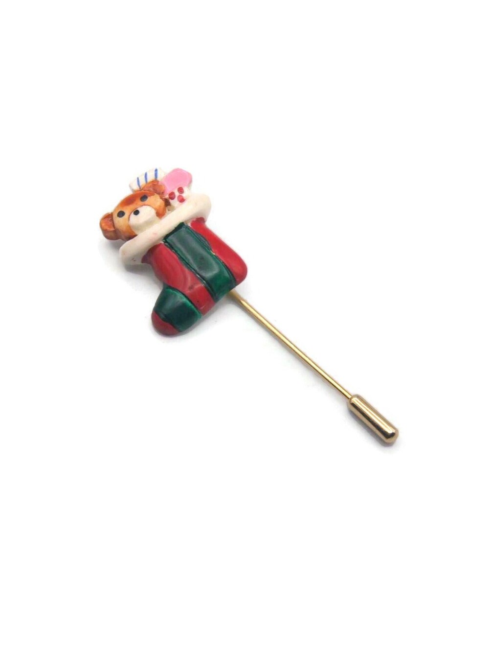 Vintage Hand Painted Plastic Christmas Stocking Filled with Toys Stick Pin.